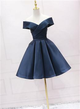 Picture of Navy Blue Satin Off Shoulder Bridesmaid Dresses Party Dresses, Short Prom Dresses